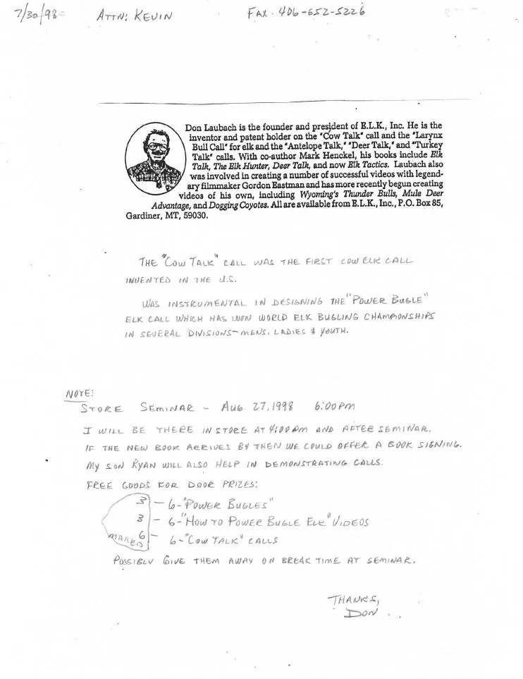 Company biographical sheet and handwritten seminar notes for Don Laubach